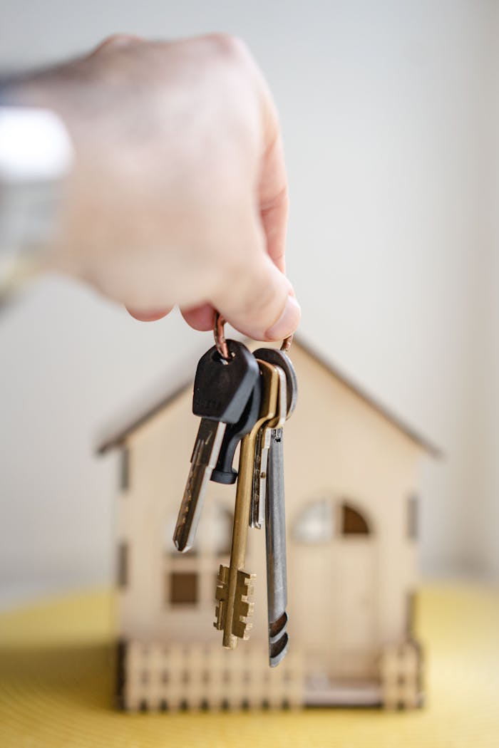 Mastering the First Impression: Your intriguing post title goes here Close-up of a hand holding keys with a miniature wooden house in the background, symbolizing real estate investment.